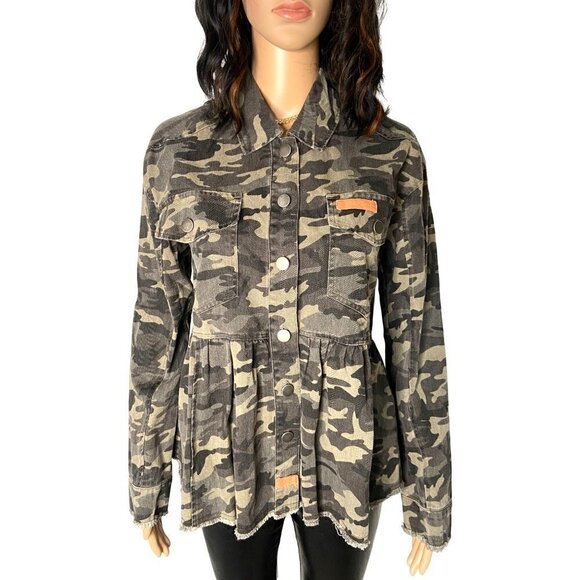 Mystree NWT Camo Peplum Long Sleeve Denim Jacket Green Size S - Picture 1 of 9